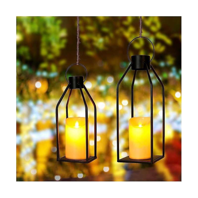 Candle Lantern 2 Set Black Decorative Lanterns Indoor Outdoor Home Decor with Flickering Led Christm