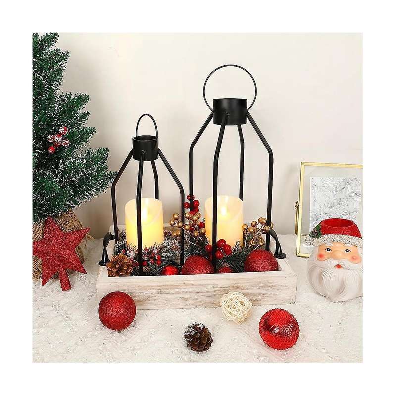 Candle Lantern 2 Set Black Decorative Lanterns Indoor Outdoor Home Decor with Flickering Led Christm