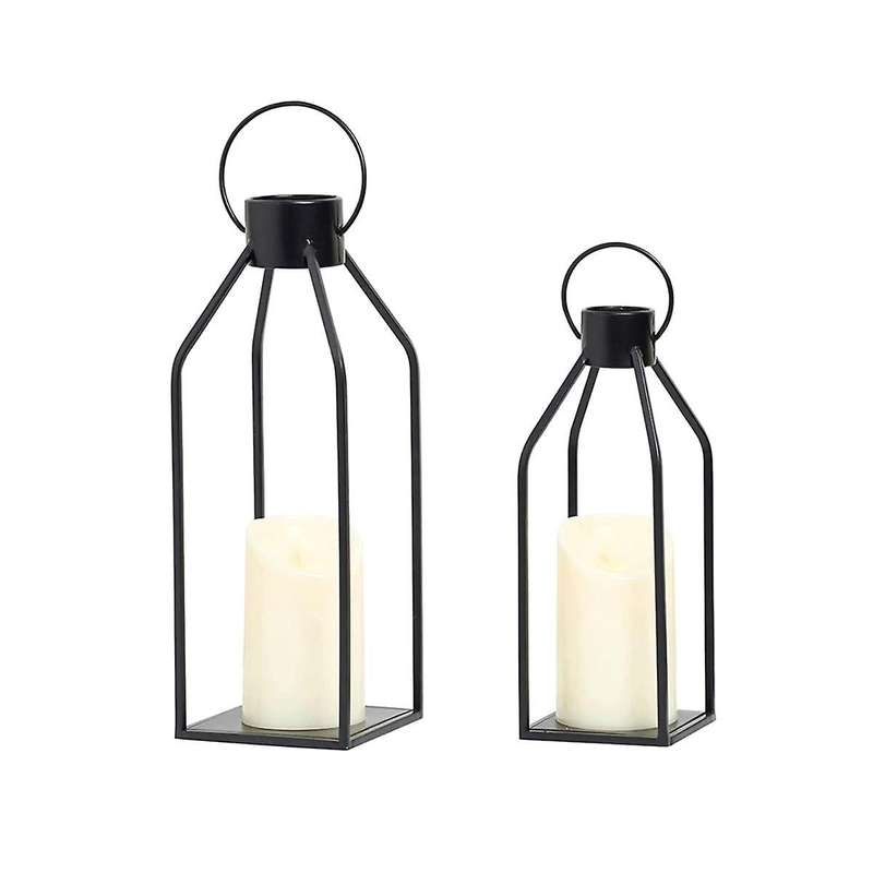 Candle Lantern 2 Set Black Decorative Lanterns Indoor Outdoor Home Decor with Flickering Led Christm