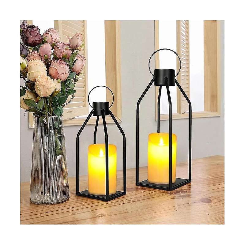 Candle Lantern 2 Set Black Decorative Lanterns Indoor Outdoor Home Decor with Flickering Led Christm