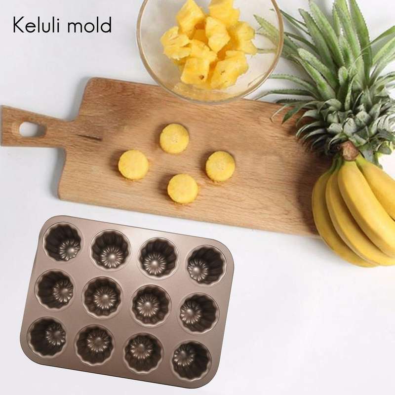 Canele Mold Cake Pan, 12-cavity Non-stick Cannele Muffin Bakeware Cupcake Pan for Oven Baking(champ