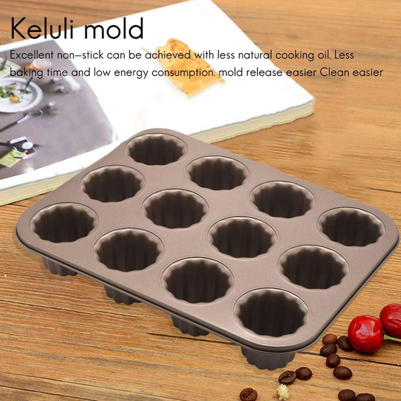 Canele Mold Cake Pan, 12-cavity Non-stick Cannele Muffin Bakeware Cupcake Pan for Oven Baking(champ