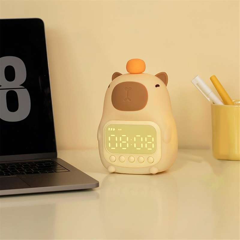 Capybara Night Light with Digital Clock, Silicone Animal Night Light Rechargeable Tabletop Decorati