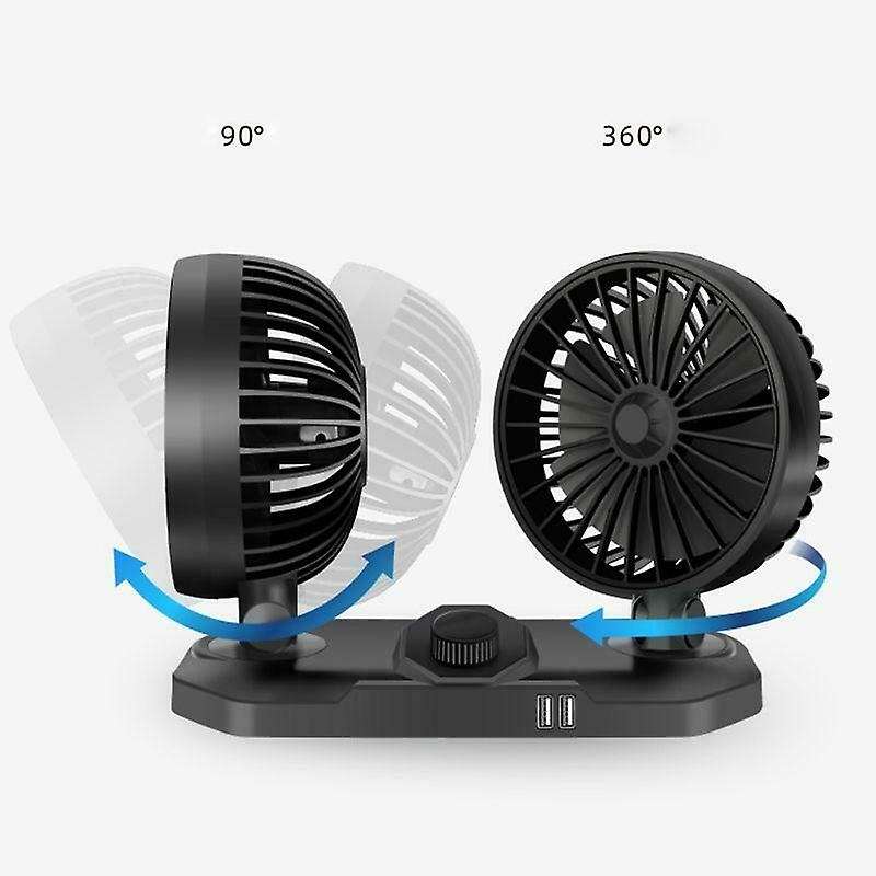 Car 24V Dashboard Cooling Fan with Dual USB Charger 360 Two Head 2-Speed for Universal SUV