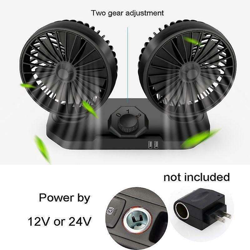 Car 24V Dashboard Cooling Fan with Dual USB Charger 360 Two Head 2-Speed for Universal SUV