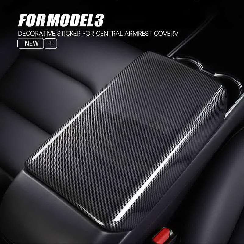 Car Armrest Box Protective Cover for Model 3 2019-2021 Carbon Fiber Panel Decoration Cover Trim Inte