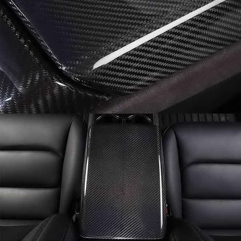 Car Armrest Box Protective Cover for Model 3 2019-2021 Carbon Fiber Panel Decoration Cover Trim Inte