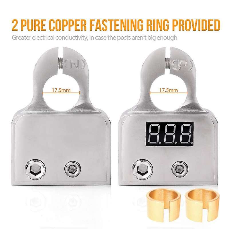 Car Battery Terminal Connectors with Voltmeter - 0/4/8 AWG Battery Post Clamp Shims for Car Marine B