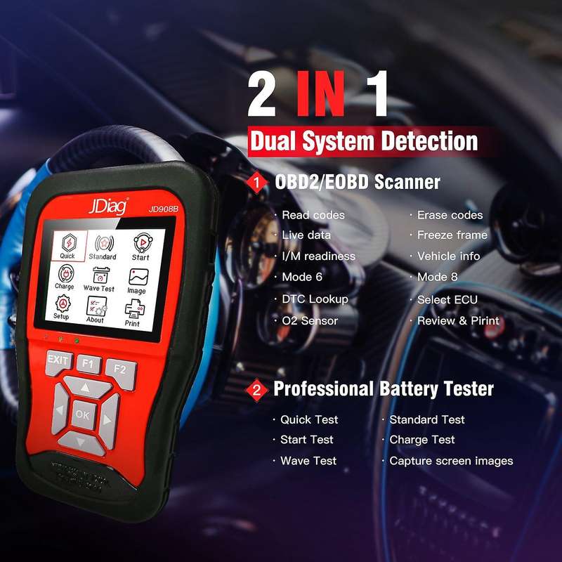 Car Battery Tester 12V 100 to 2000CCA+OBD2 Scan Tools Intelligent Dual System Diagnostic Tool JD908B