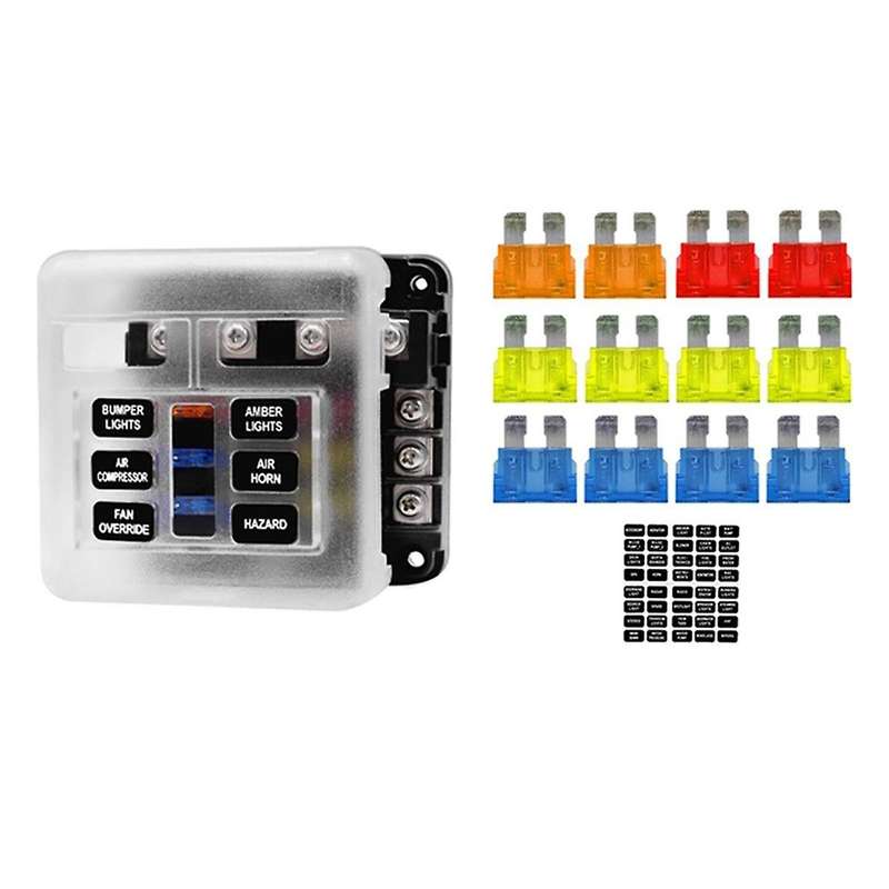 Car Boat Fuse Box Holder with 6 Ways Blade Fuse Holder Block Warning Indicator 12V 36V Power Distrib