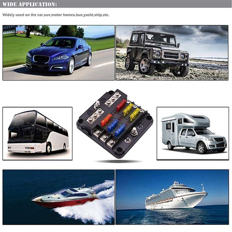 Car Boat Fuse Box Holder with 6 Ways Blade Fuse Holder Block Warning Indicator 12V 36V Power Distrib