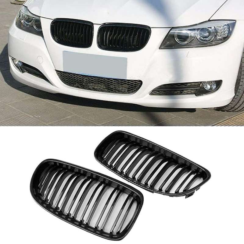 Car Carbon Fiber Glossy Black Double Slat Front Kidney Grille for E90 E91 3 Series 2009-2011