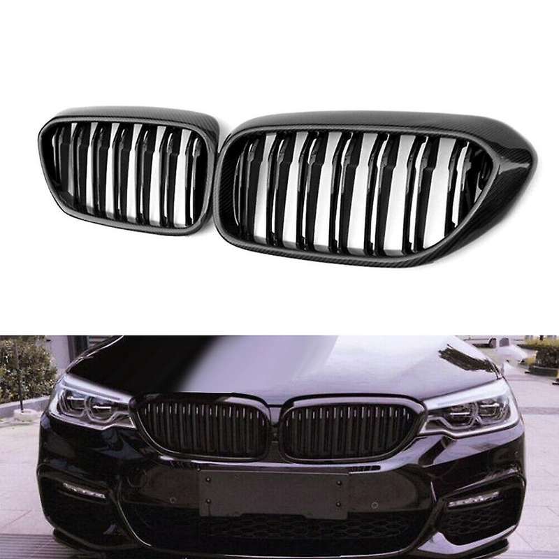 Car Carbon Fiber Glossy Black Double Slat Front Kidney Grille Grill for -5 Series G30 G31 G38 530I 5