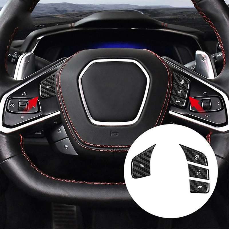 Car Carbon Fiber Steering Wheel Button Sticker Trim Cover for C8 2020-2023 Black Heated Button Deca