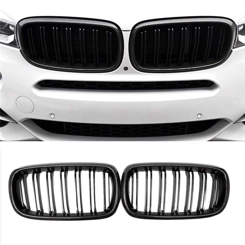 Car Carbon Fiber&Gloss Black Double Slats Front Kidney Grille Grill for X5 F15 X6 F16 X5M F85 X6M F8