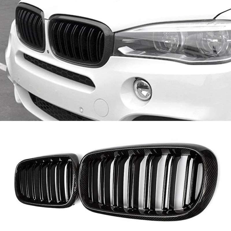 Car Carbon Fiber&Gloss Black Double Slats Front Kidney Grille Grill for X5 F15 X6 F16 X5M F85 X6M F8