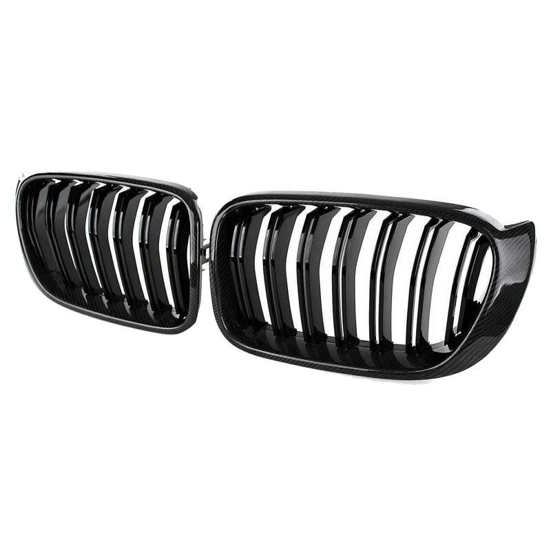 Car Carbon Fiber&Gloss Black Double Slats Front Kidney Grille Grill for X3 F25 X4 F26 2014-2017