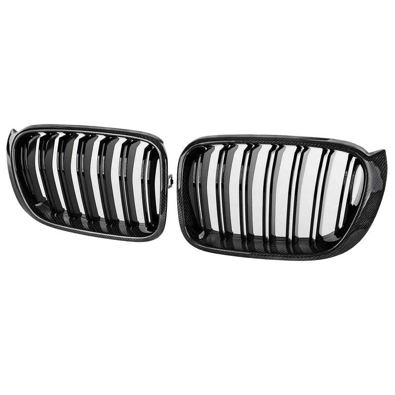 Car Carbon Fiber&Gloss Black Double Slats Front Kidney Grille Grill for X3 F25 X4 F26 2014-2017