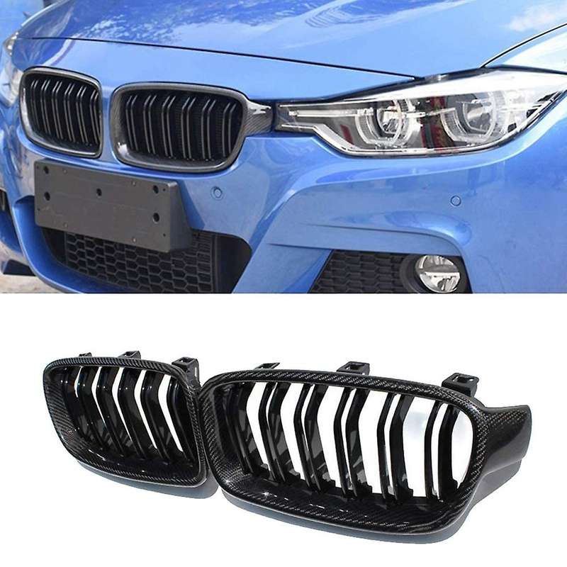 Car Carbon Fiber&Gloss Black Double Slats Front Kidney Grille Grill for 3 Series F30 F31 F35 12-18