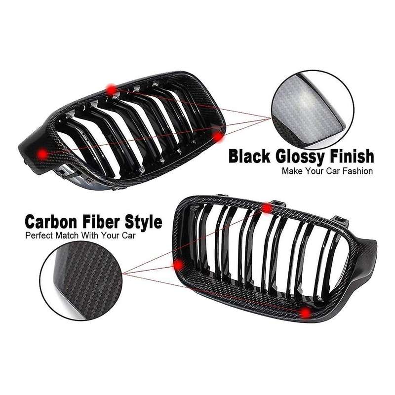 Car Carbon Fiber&Gloss Black Double Slats Front Kidney Grille Grill for 3 Series F30 F31 F35 12-18