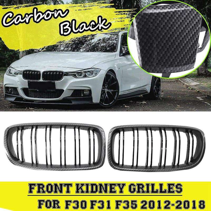Car Carbon Fiber&Gloss Black Double Slats Front Kidney Grille Grill for 3 Series F30 F31 F35 12-18
