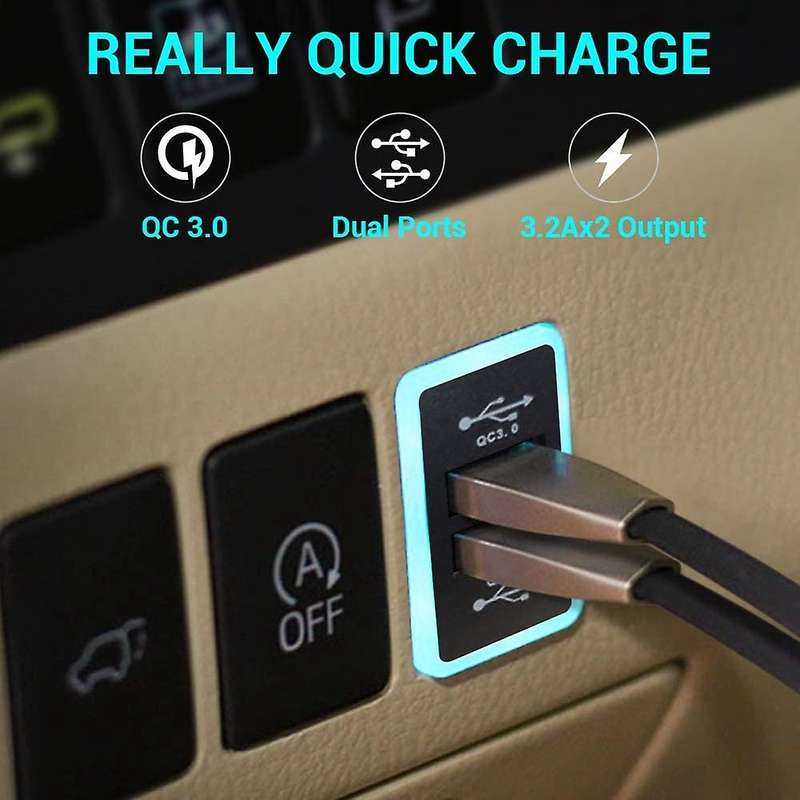 Car Charger with Blue Red LED Light - Qualcomm 3.0 Universal Quick Charger Dual USB Port 6.4A 12-24V