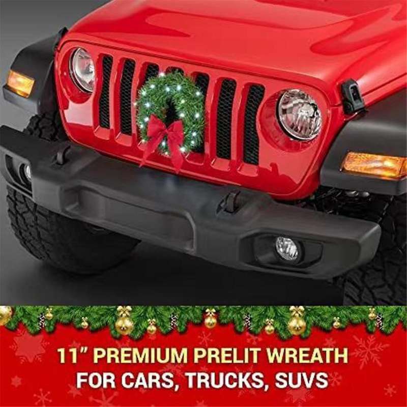 Car Christmas Wreath for Car Truck SUV LED Light Decoration Grill Decoration Car All Weather Winter