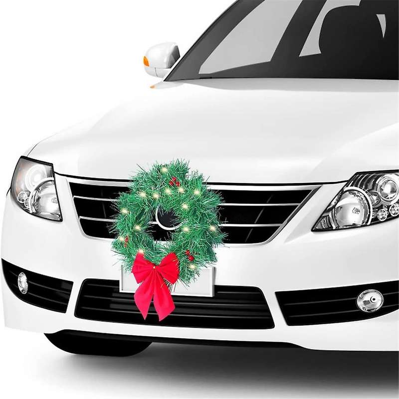 Car Christmas Wreath for Car Truck SUV LED Light Decoration Grill Decoration Car All Weather Winter