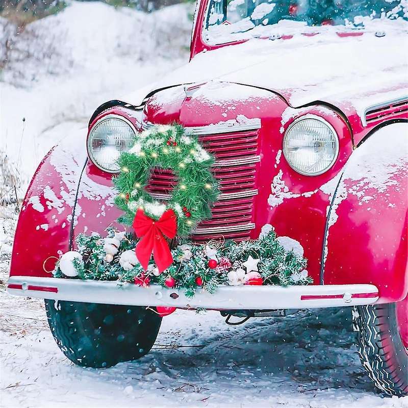 Car Christmas Wreath for Car Truck SUV LED Light Decoration Grill Decoration Car All Weather Winter