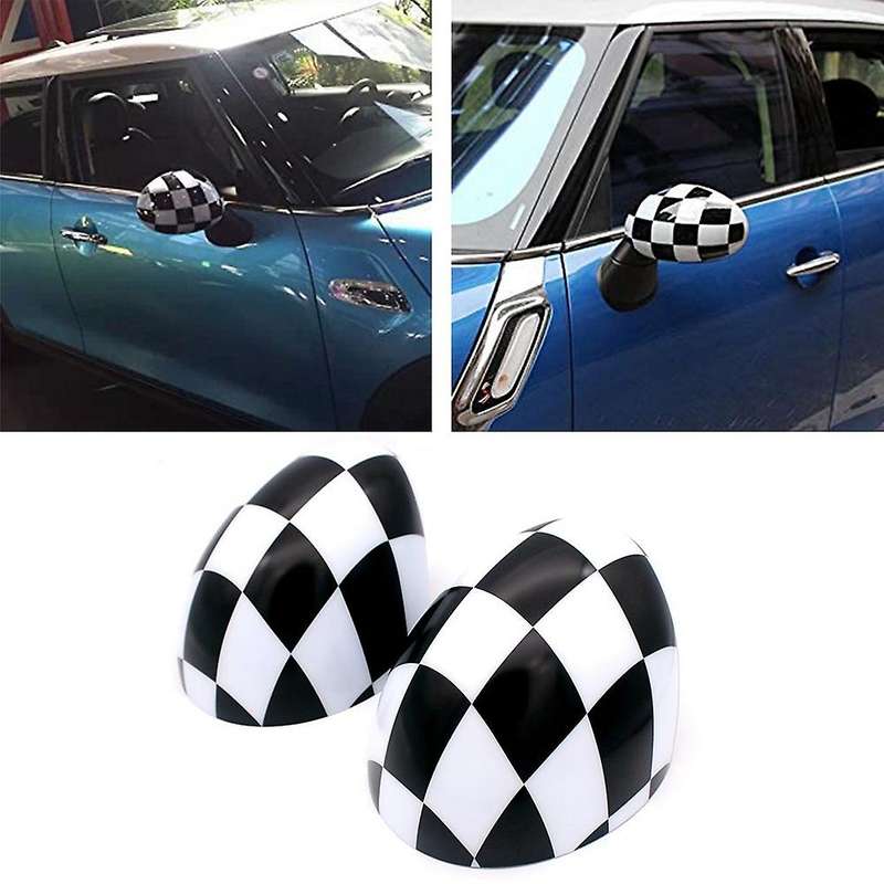 Car Checkered Mirror Caps Covers for R55 R56 R57 with Auto Powerfolding Mirrors Only