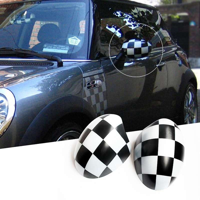 Car Checkered Mirror Caps Covers for R55 R56 R57 with Auto Powerfolding Mirrors Only
