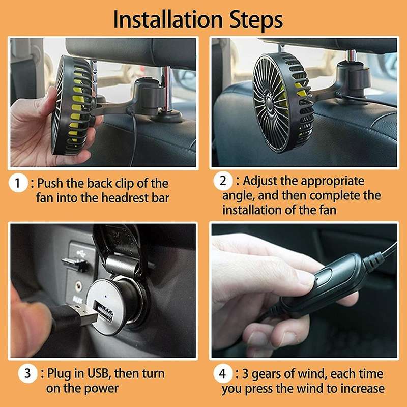 Car Cooling Fan, Usb Backseat Auto Rear Fan 3 Speed Vehicle Fan for Car Vehicle Truck Van Suv Rv Bo