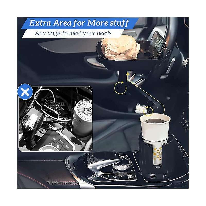 Car Cup Holder Expander with Detachable Tray, Multifunctional Car Food Tray Table for Eating with D