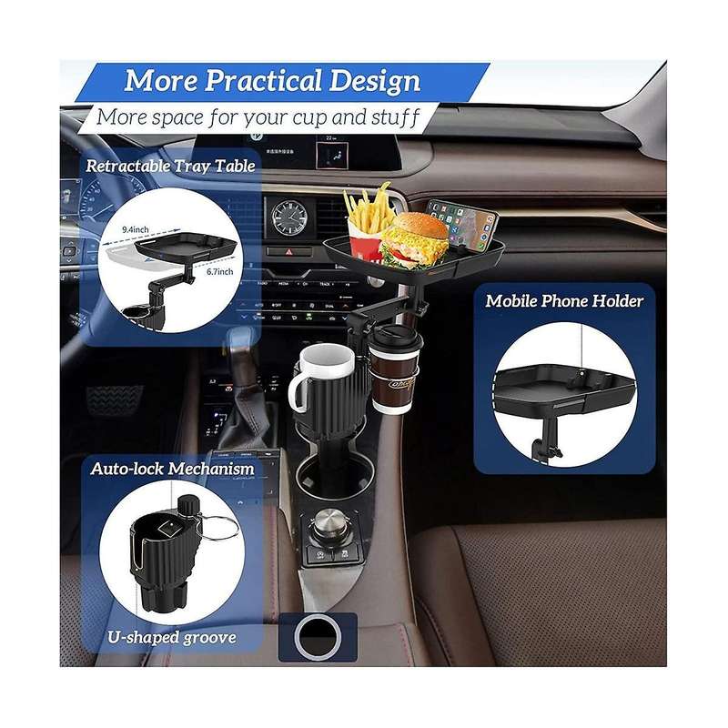 Car Cup Holder Expander with Detachable Tray, Multifunctional Car Food Tray Table for Eating with D