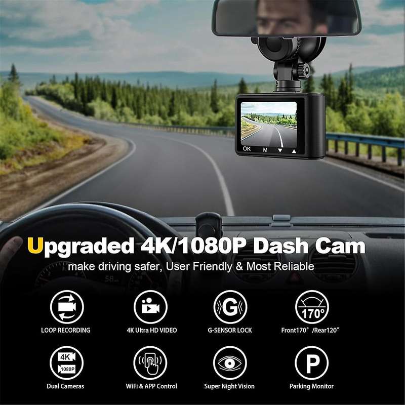 Car Dash Camera, 4K 1080p Dash Cam Front Rear WiFi Recorder Camera for Cars with App Control, G-Sens
