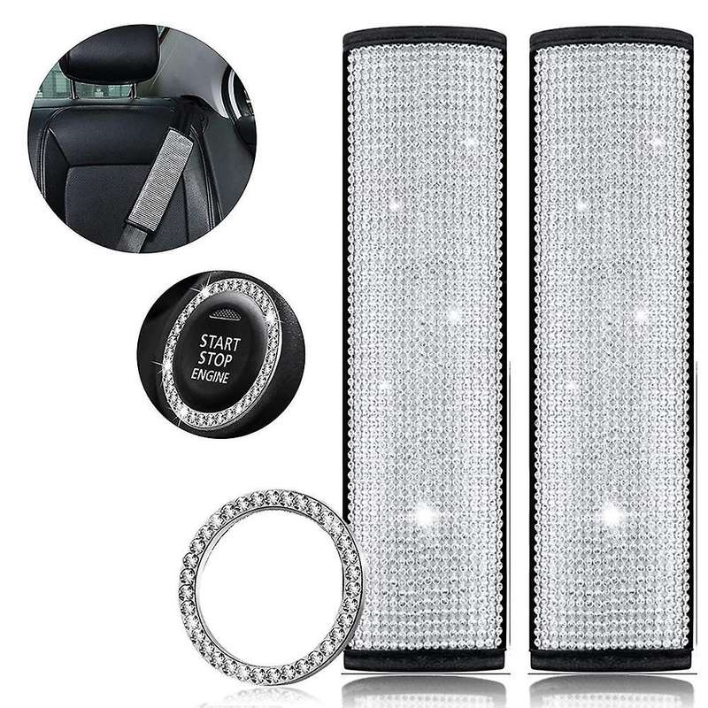 Car Diamond-Studded Seat Belts Shoulder Pads Car Crystal Rhinestone Start Button Ring Stickers Car I