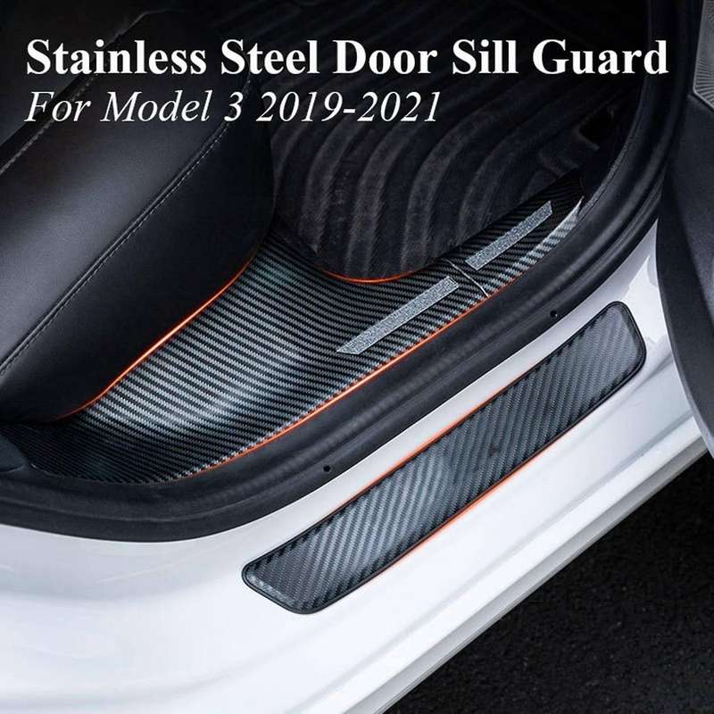 Car Door Sill Protector Stainless Steel Door Sill Guard Welcome Pedal for Model 3 2019-2021, Carbon