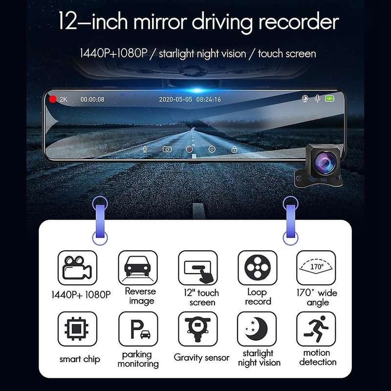 Car DVR 2K+1080P Car Dvr Car Dashcam 12Inch Stream Media Rear View Mirror Camera GPS Driving Recorde