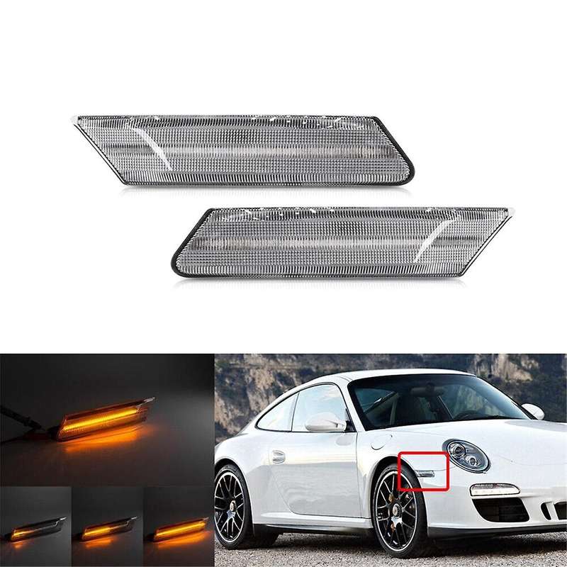 Car Dynamic LED Amber Side Marker Light Turn Signal Lamps 997631033, 997631034 Clear Lens for 997 98