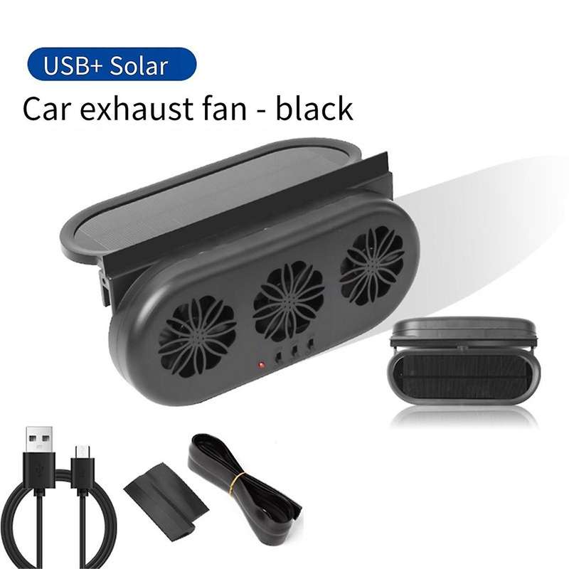 Car Exhaust Fan Solar Powered and USB Charging Window Ventilator 3 Fans Front Rear Interior Radiator