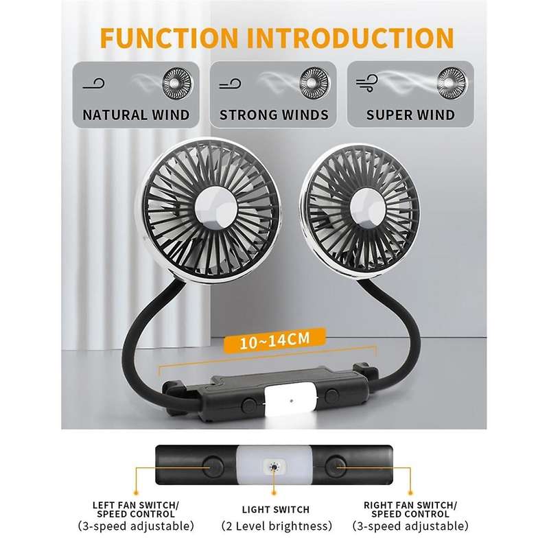 Car Fan for Backseat, Dual Head Hose Car Seat Fan with Led Lights, Portable USB Fan for Car, 3 Speed