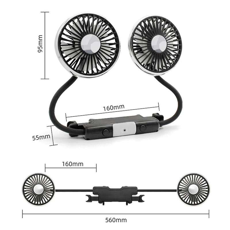Car Fan for Backseat, Dual Head Hose Car Seat Fan with Led Lights, Portable USB Fan for Car, 3 Speed