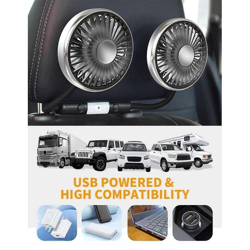 Car Fan for Backseat, Dual Head Hose Car Seat Fan with Led Lights, Portable USB Fan for Car, 3 Speed