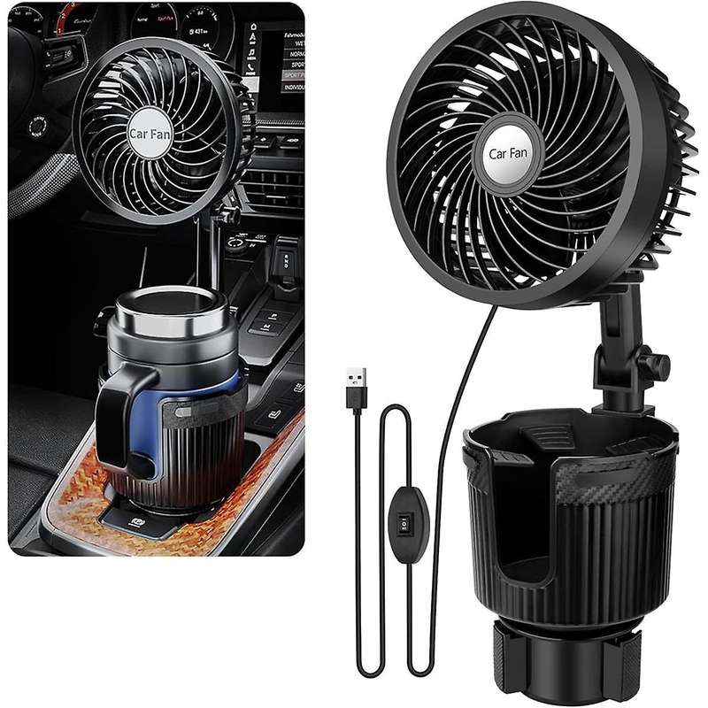 Car Fan, 2 in 1 USB Fan Car Cup Holder Expander with Adjustable Base, 6Inch Rotatable 2 Speed Porta