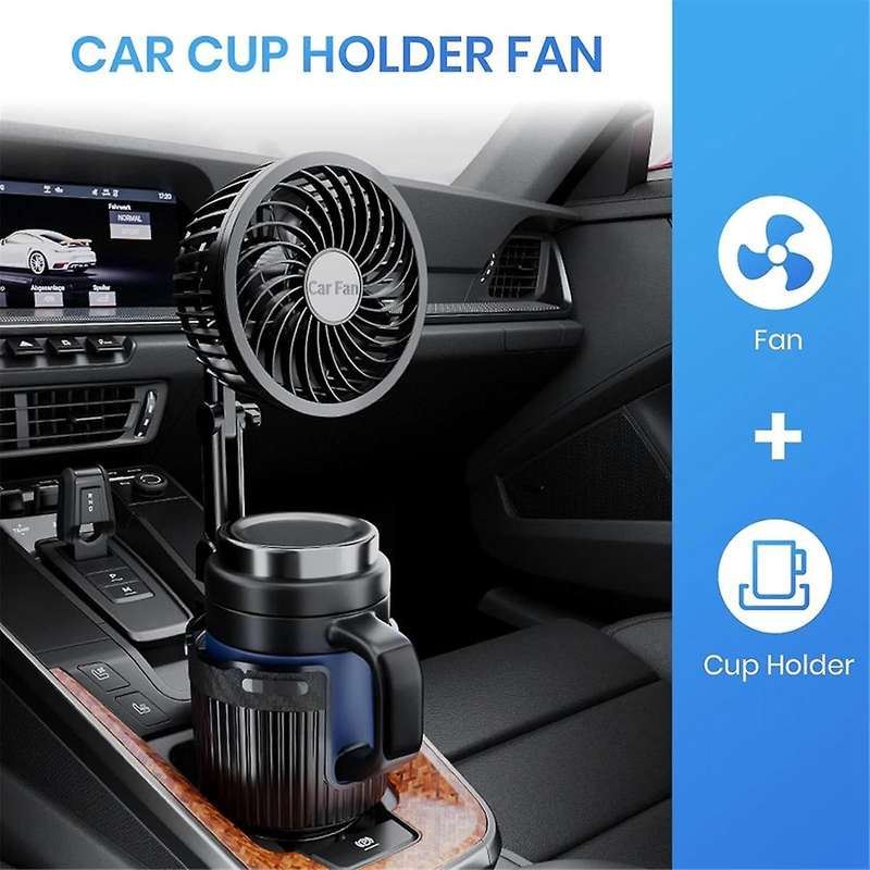 Car Fan, 2 in 1 USB Fan Car Cup Holder Expander with Adjustable Base, 6Inch Rotatable 2 Speed Porta