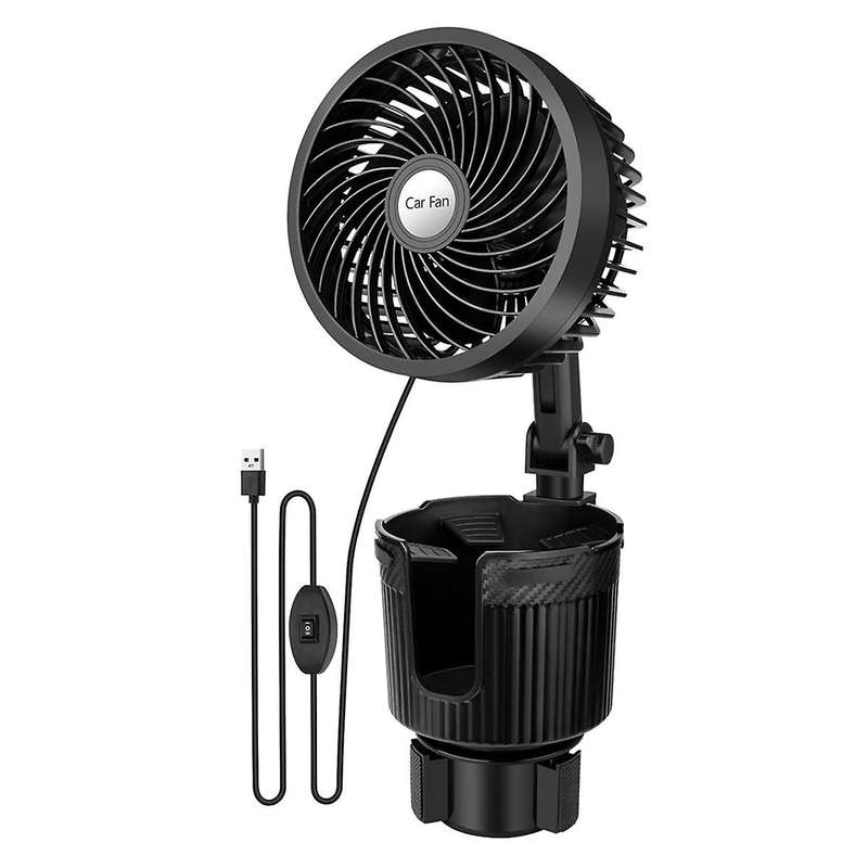 Car Fan, 2 in 1 USB Fan Car Cup Holder Expander with Adjustable Base, 6Inch Rotatable 2 Speed Porta