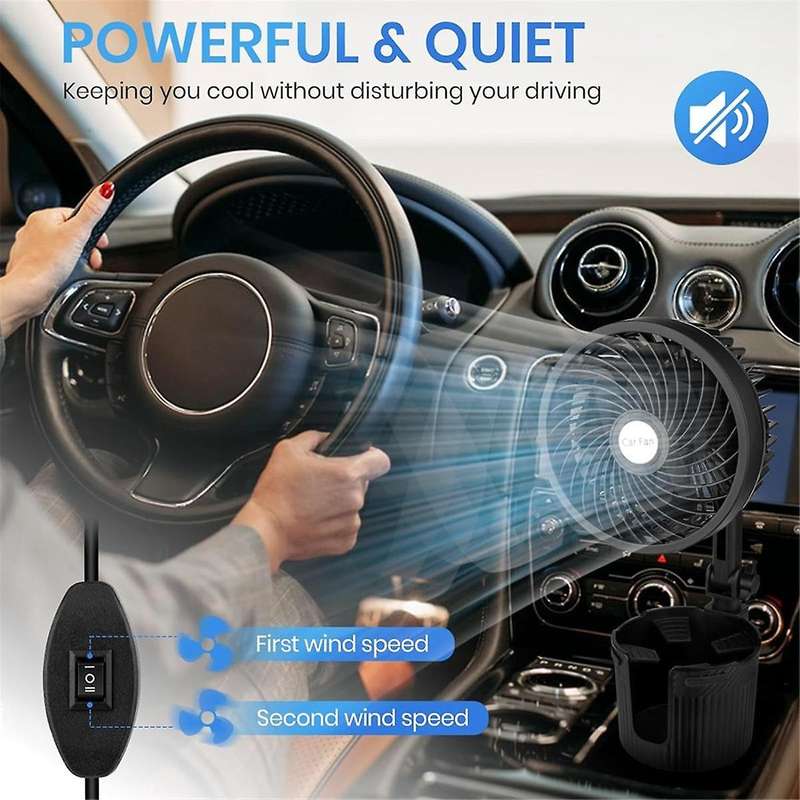 Car Fan, 2 in 1 USB Fan Car Cup Holder Expander with Adjustable Base, 6Inch Rotatable 2 Speed Porta