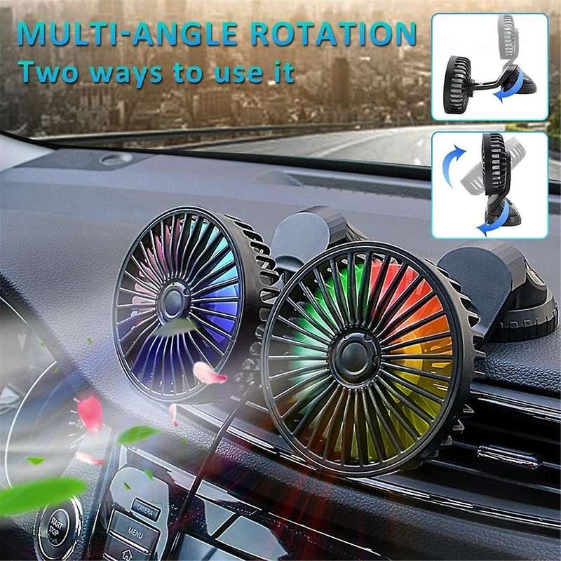Car Fan, 360 Adjustable Dual Head USB Cooling Air Fan Low Noise Fan for Car SUV RV Truck ,with Colou
