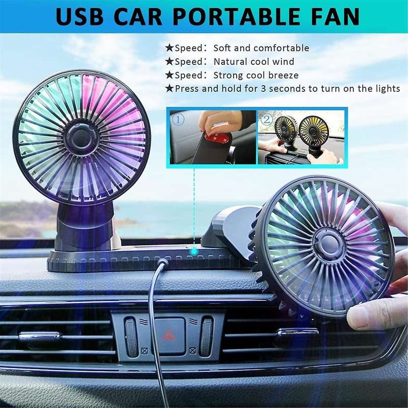 Car Fan, 360 Adjustable Dual Head USB Cooling Air Fan Low Noise Fan for Car SUV RV Truck ,with Colou