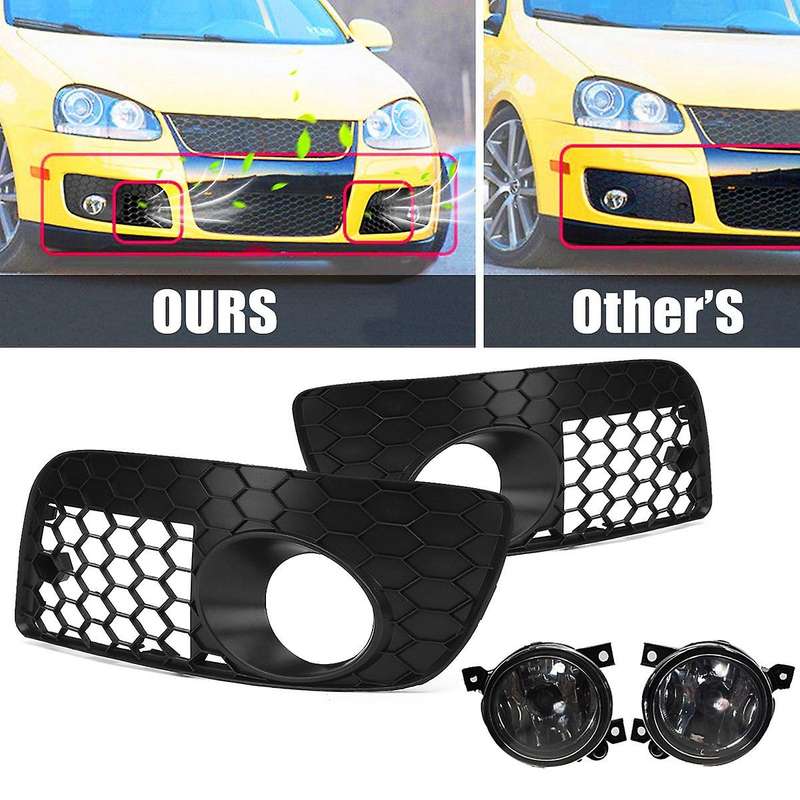 Car Front Bumper Fog Light Cover Honeycomb Mesh Grilles with Fog Lamp for MK5 GLI 2006-2009